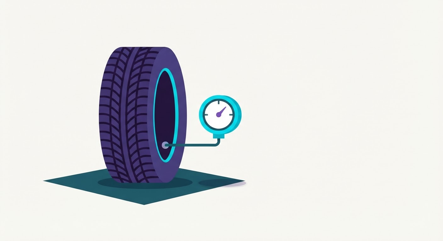 Neumático de coche junto a un pequeño manómetro de presión, representando la comprobación de la presión de los neumáticos para ahorrar combustible