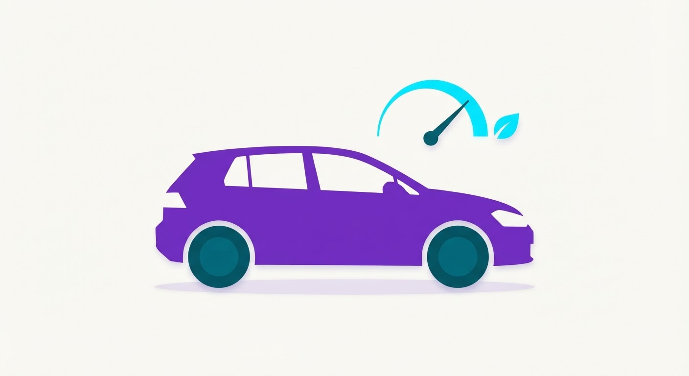 Ilustración de la silueta de un coche con una aguja de indicador de combustible y una pequeña hoja verde, representando la conducción eficiente