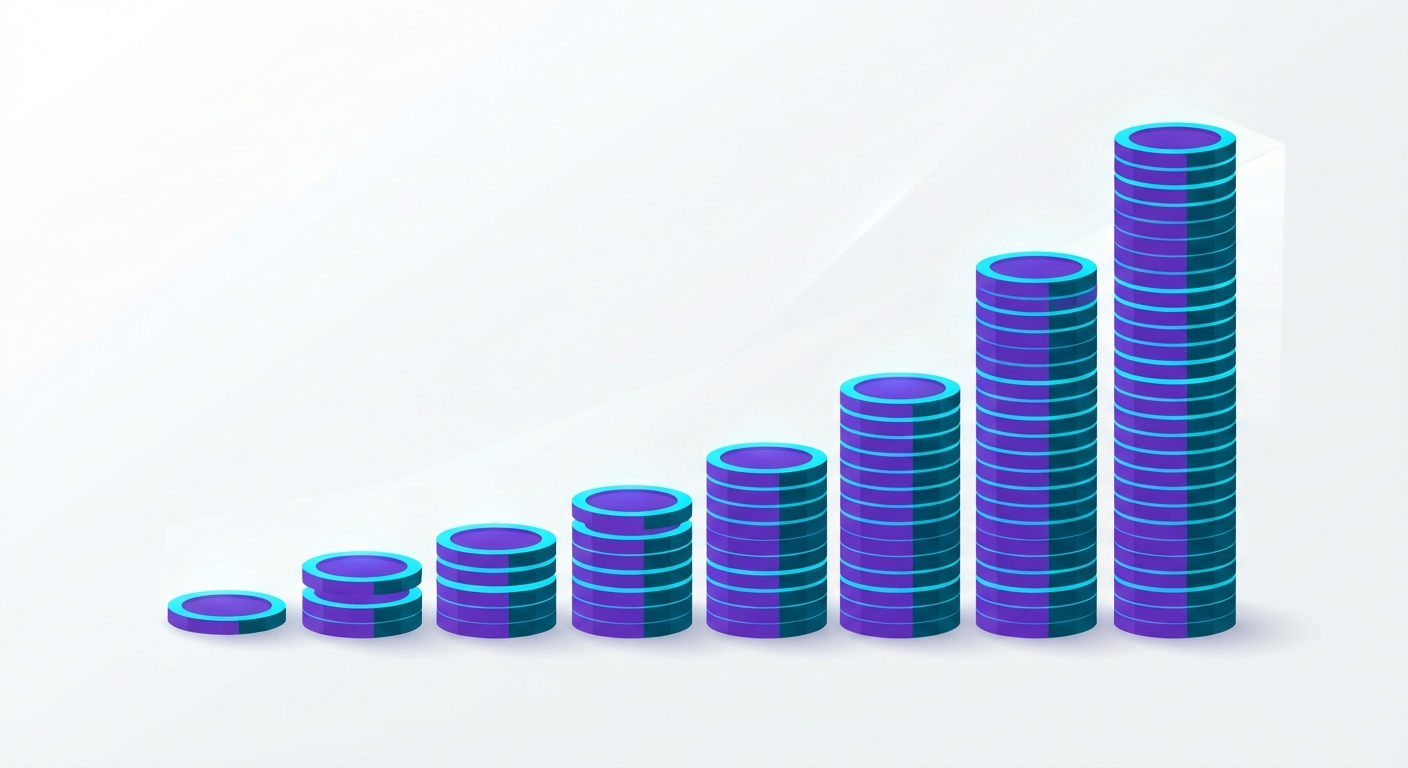 Curva ascendente formada por monedas apiladas a alturas crecientes, representando la aceleración del crecimiento compuesto con el tiempo