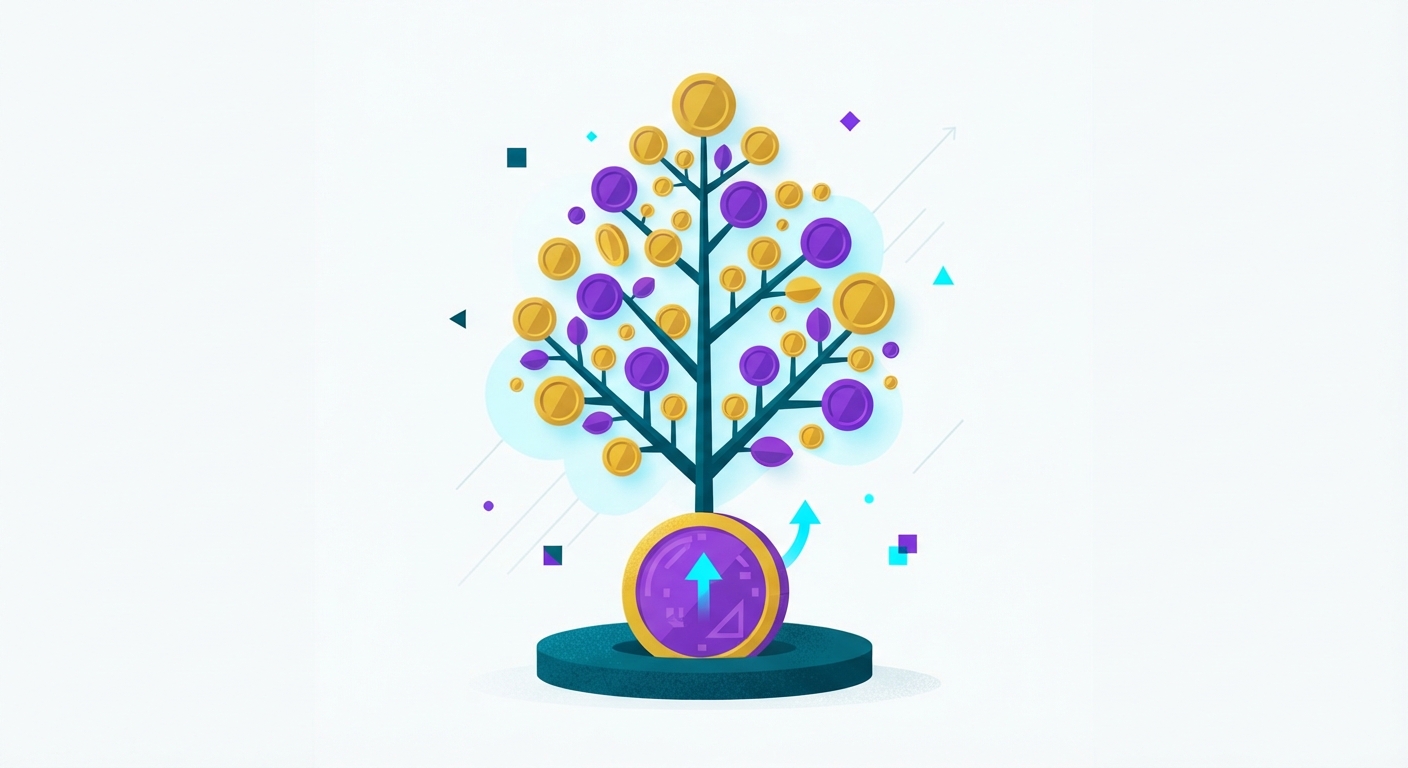 Ilustración de una moneda de la que crece una planta con hojas en forma de moneda, representando cómo el ahorro crece con el interés compuesto