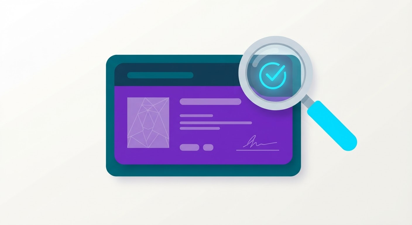 Silueta de una tarjeta de identidad con una lupa enfocando una esquina donde aparece una marca de verificación, representando la comprobación de la letra de control