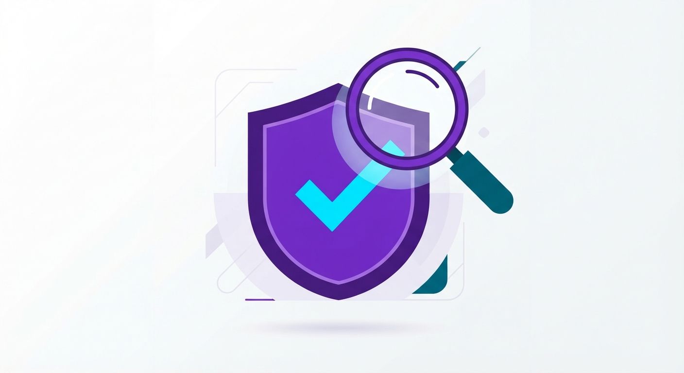 Lupa sobre un escudo con una marca de verificación, representando la comprobación de que un número de cuenta IBAN es correcto