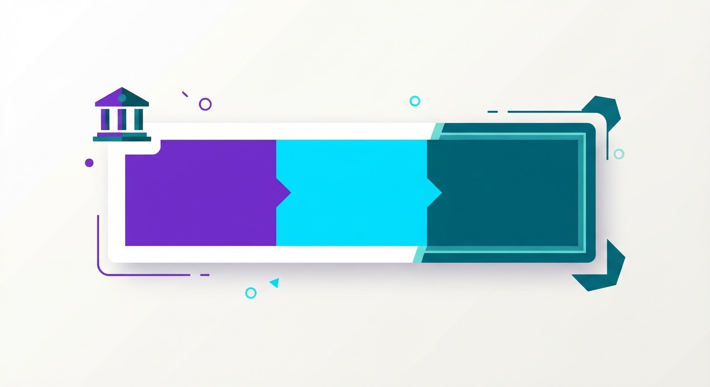 Ilustración de una tarjeta larga dividida en tres segmentos de color junto a un icono de banco, representando la estructura del código IBAN