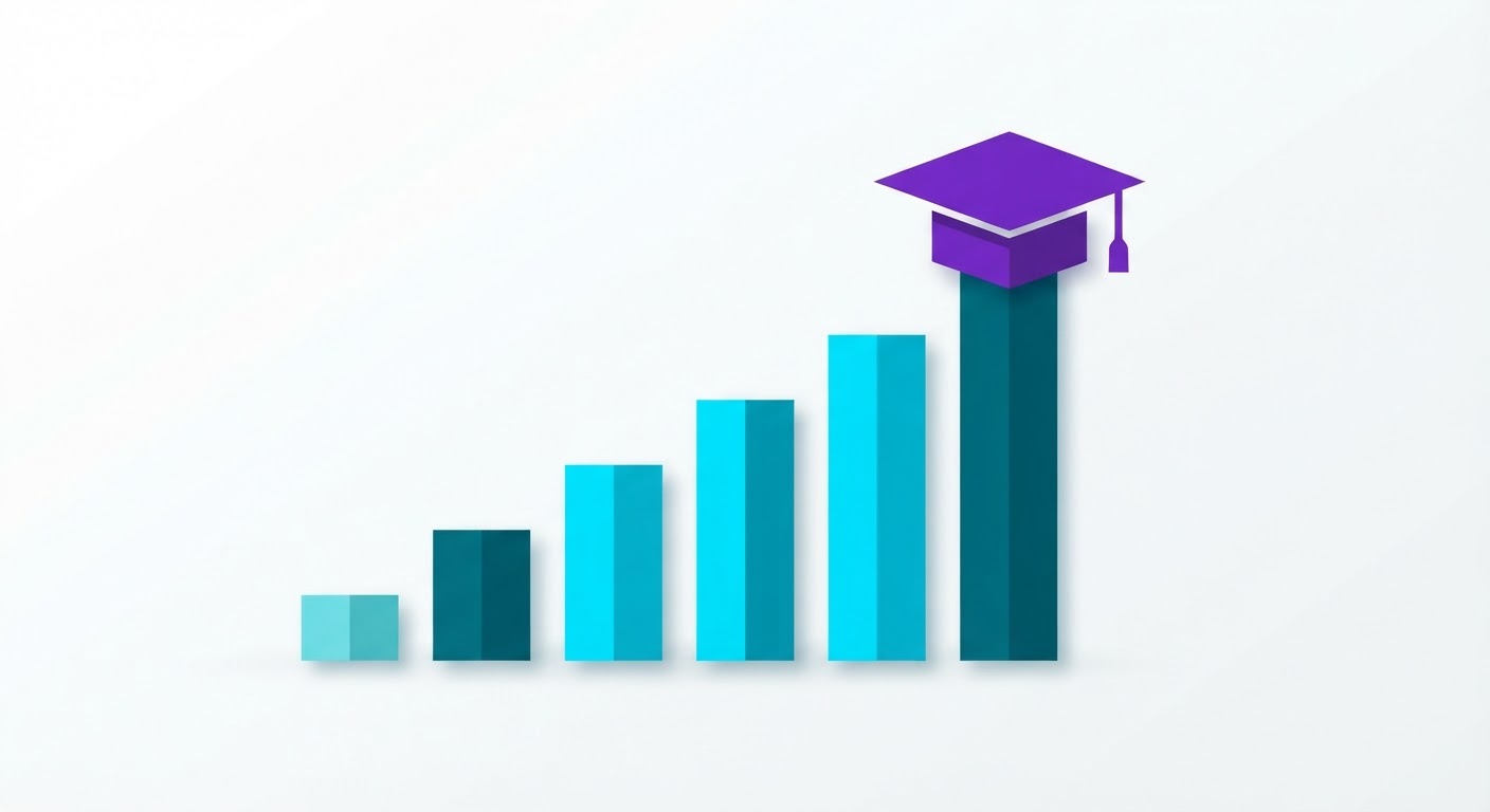 Ilustración de un birrete de graduación sobre un gráfico de barras ascendente, representando las notas de admisión a la universidad