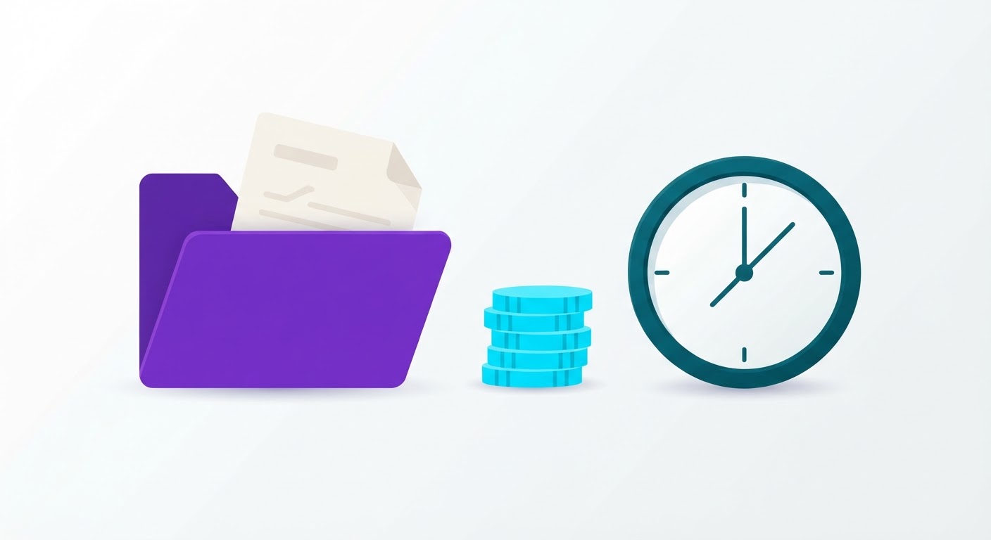 Ilustración de una carpeta abierta con un documento, una pequeña pila de monedas y un reloj, representando el papeleo, la indemnización y los plazos al perder un trabajo