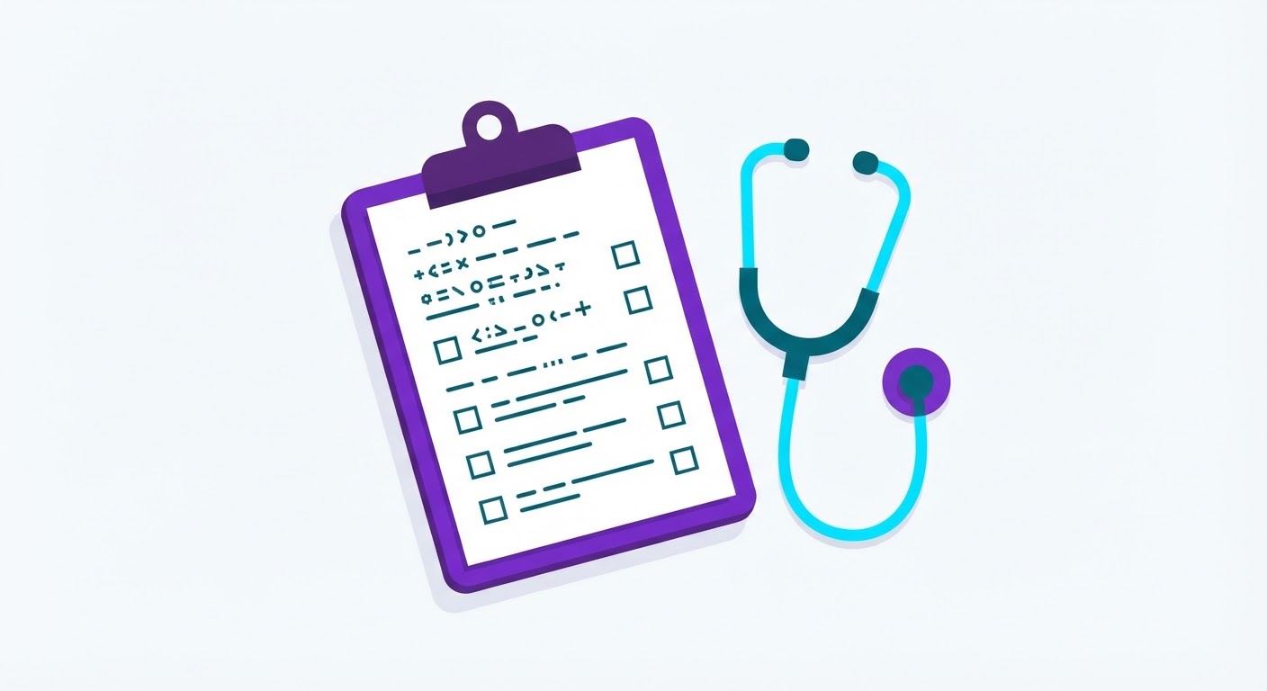 Tablero con una lista de comprobación sencilla junto a un fonendoscopio, representando una herramienta de cribado básica y no un diagnóstico médico