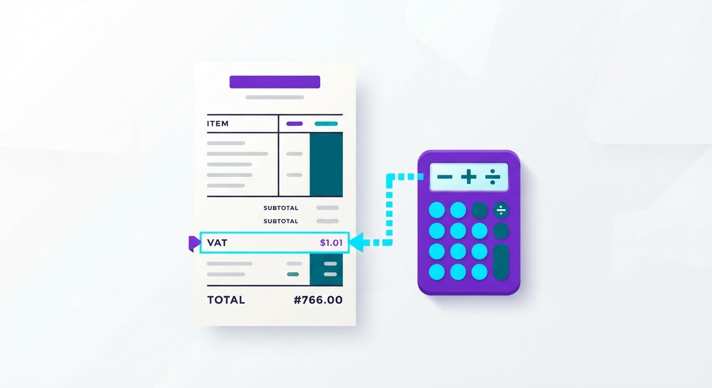 Factura junto a una pequeña calculadora, representando el cálculo de añadir o desglosar el IVA de una venta