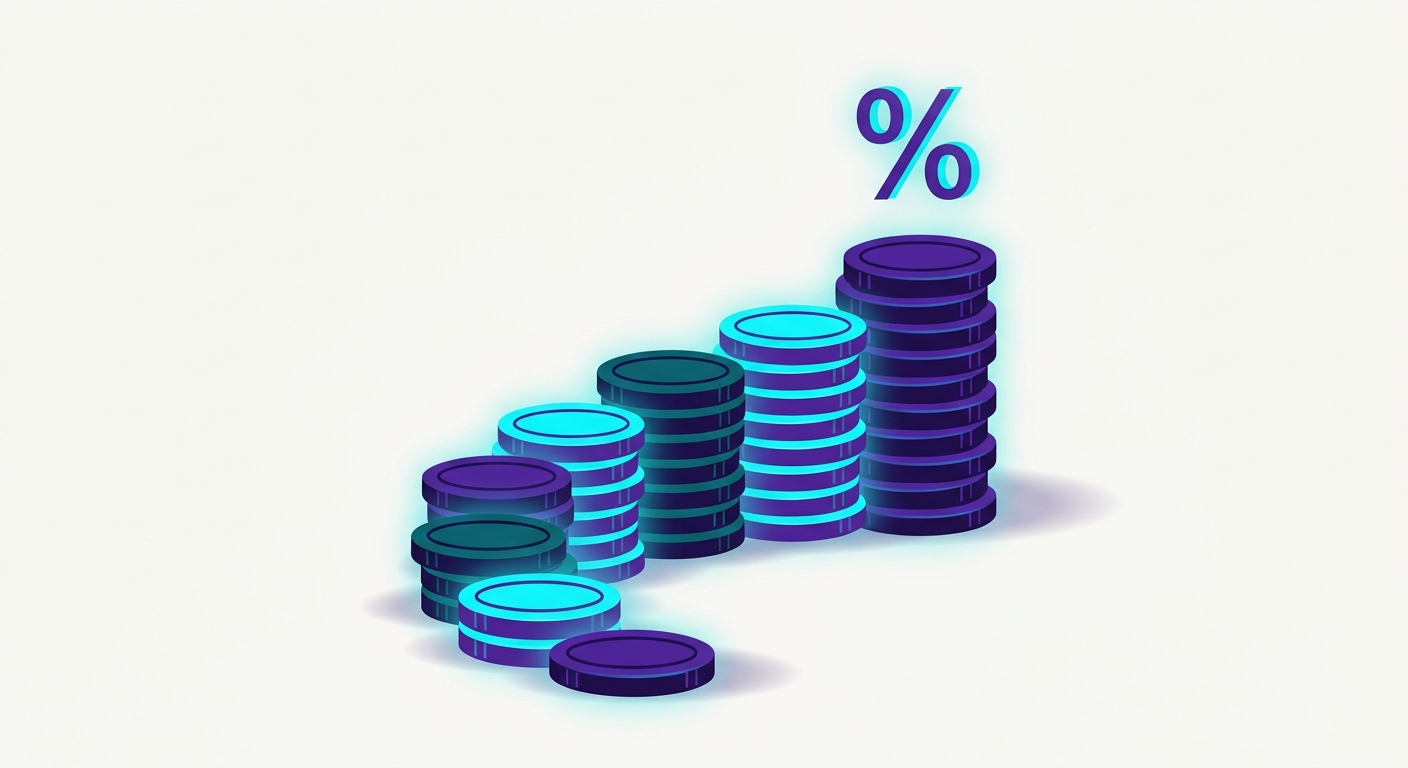 Ilustración de una escalera de monedas ascendente con un símbolo de porcentaje, representando los tramos progresivos del IRPF
